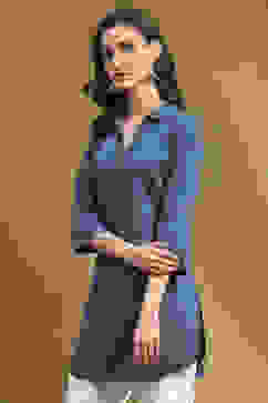 Blue Solid Shirt Collar Straight Short Kurti image number 2