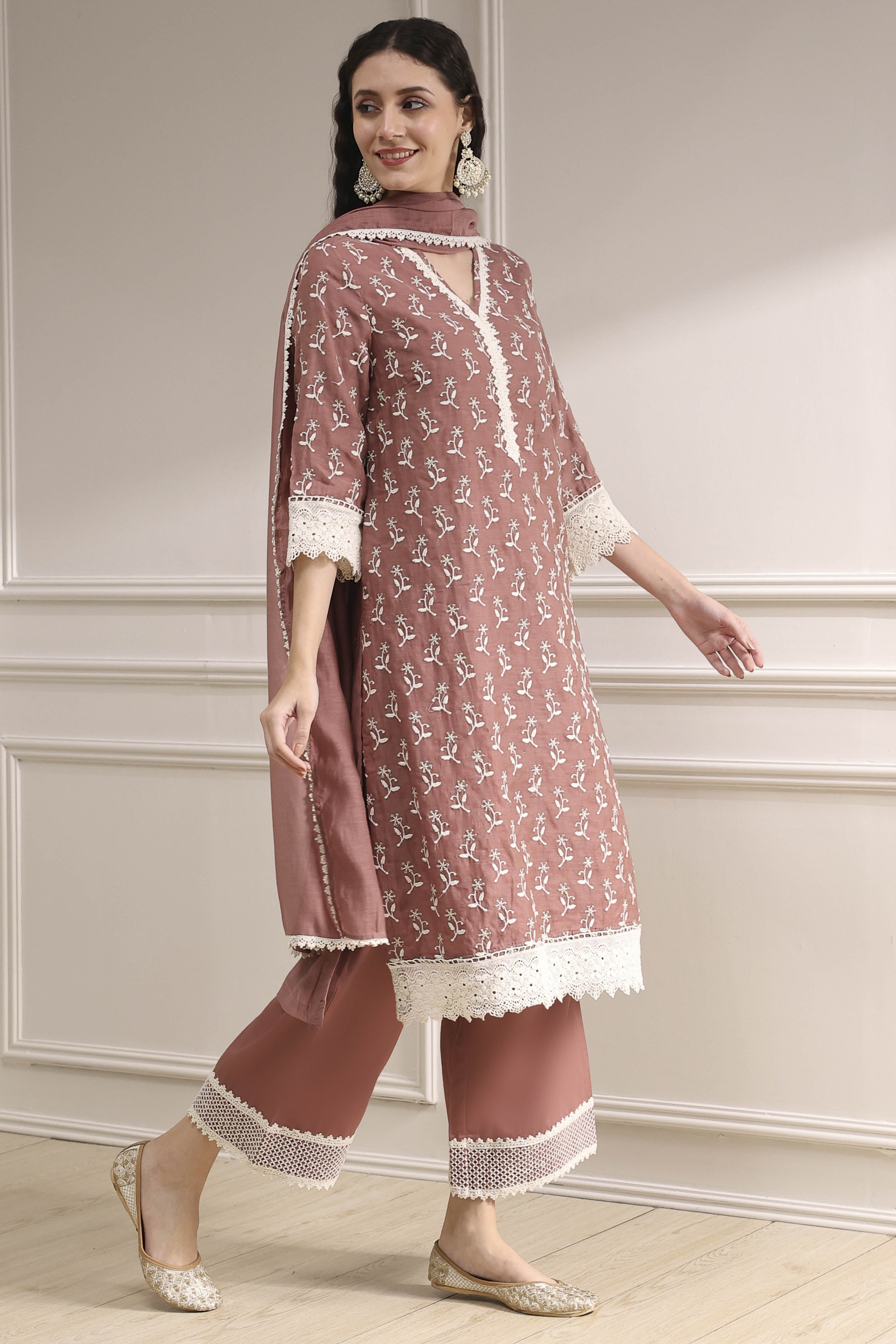 Nude-Toned Chanderi Straight Suit Set image number 5