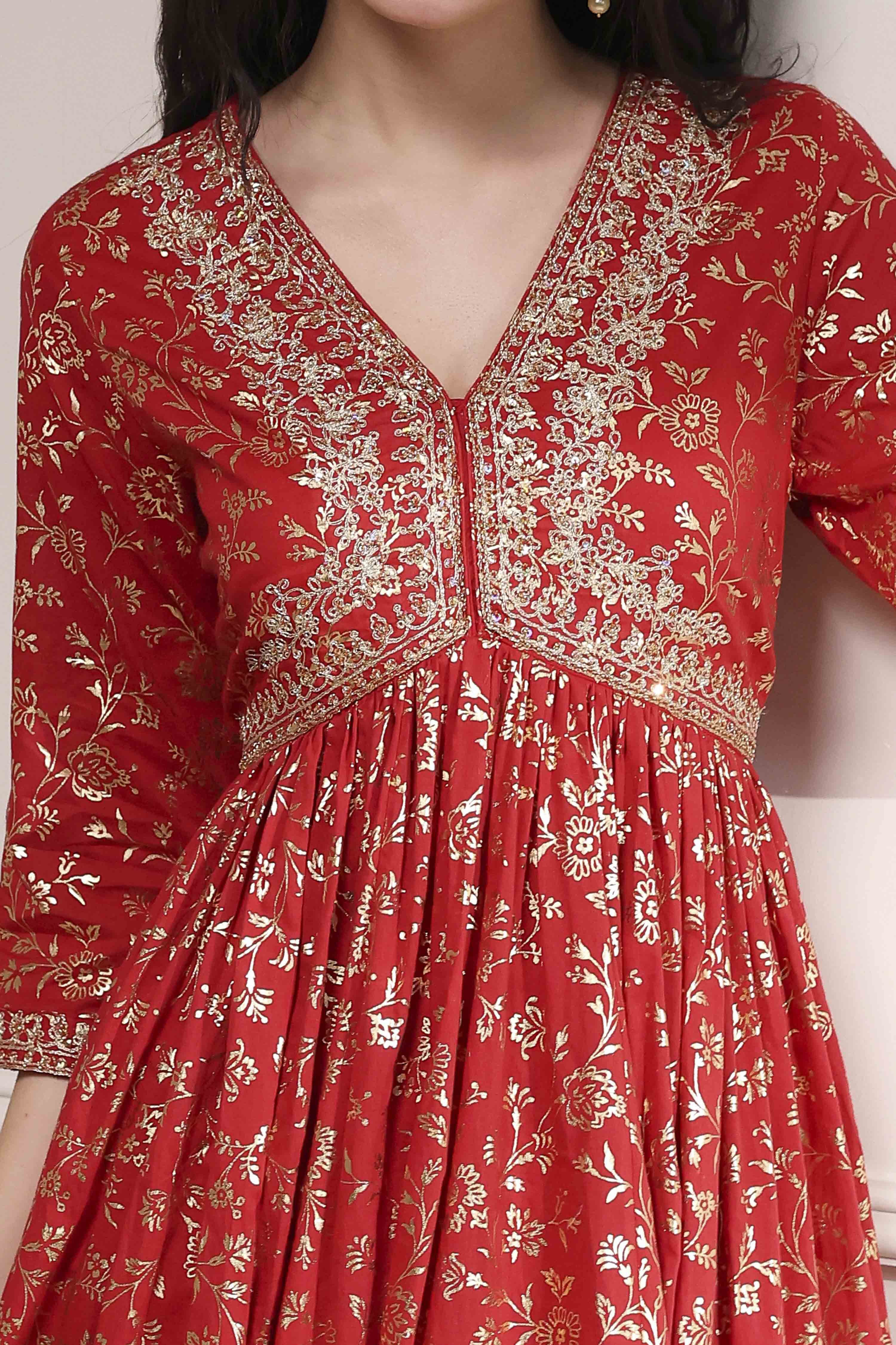 Off-White Cotton Foil Printed Anarkali Suit Set image number 1