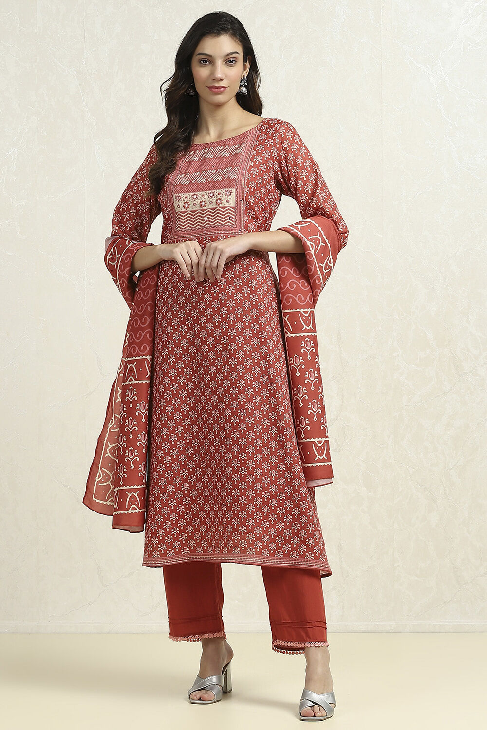 Red Cotton Blend Printed Unstitched Suit Set image number 1