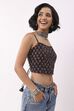 Black & Blue Cotton Floral Tie-Up Back Crop Top image number 4