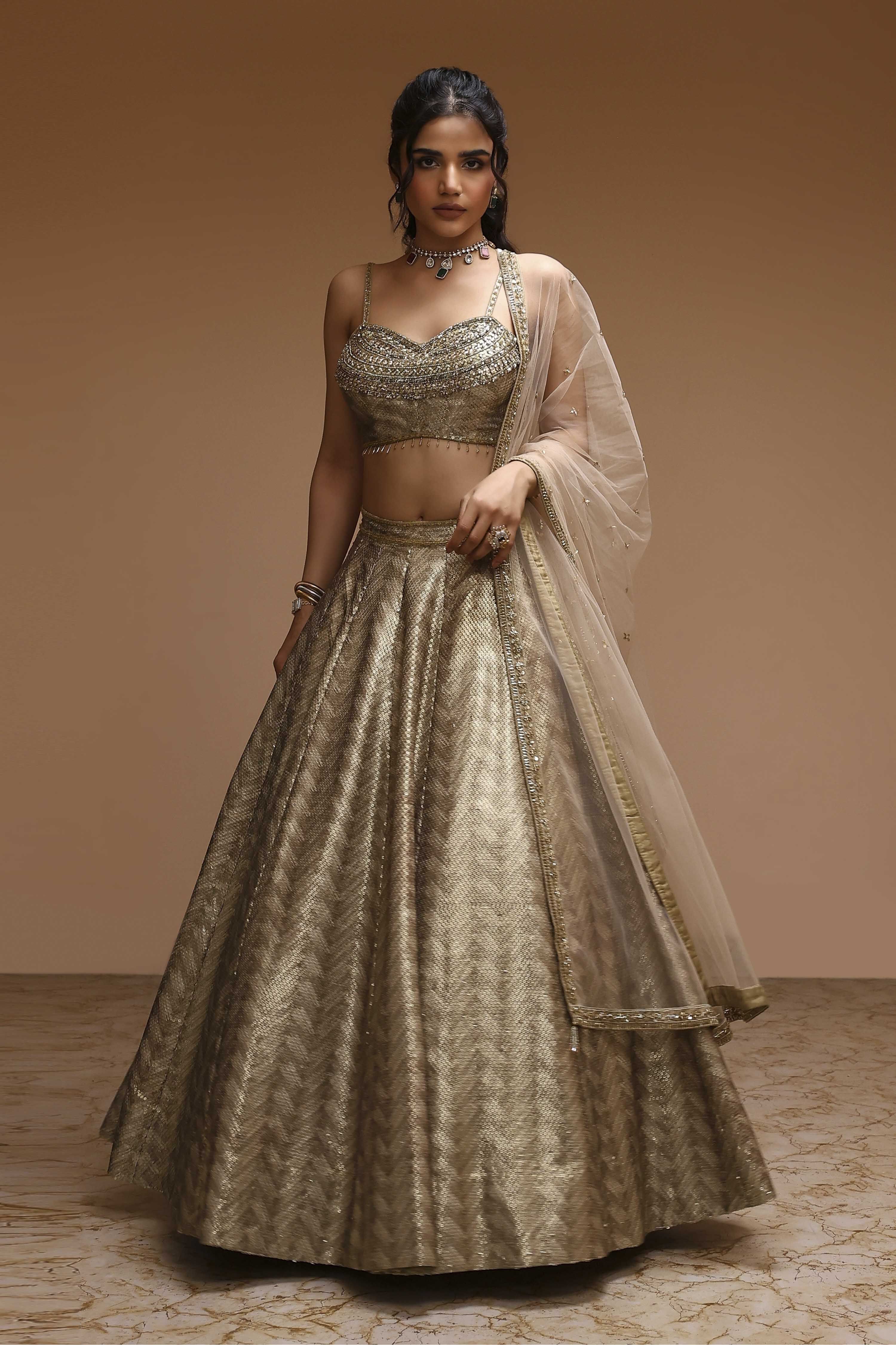 Gold-Toned Georgette Sequinned Lehenga Set image number 0