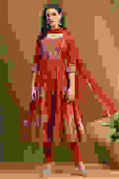 Red Floral Printed Festive Anarkali Suit Set image number 0