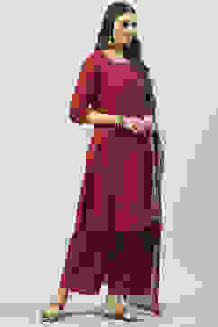 Maroon Cotton Straight Kurta Palazzo Suit Set image number 3