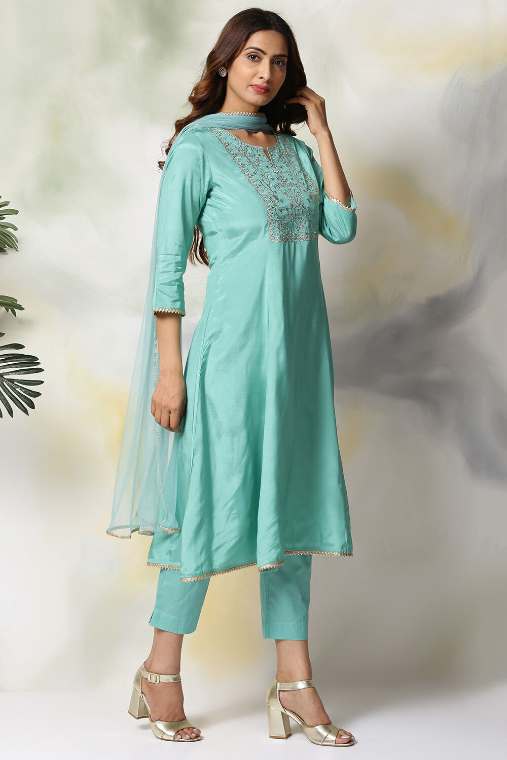 Mustard Viscose Kalidar Kurta Slim Pant Suit Set image number 5