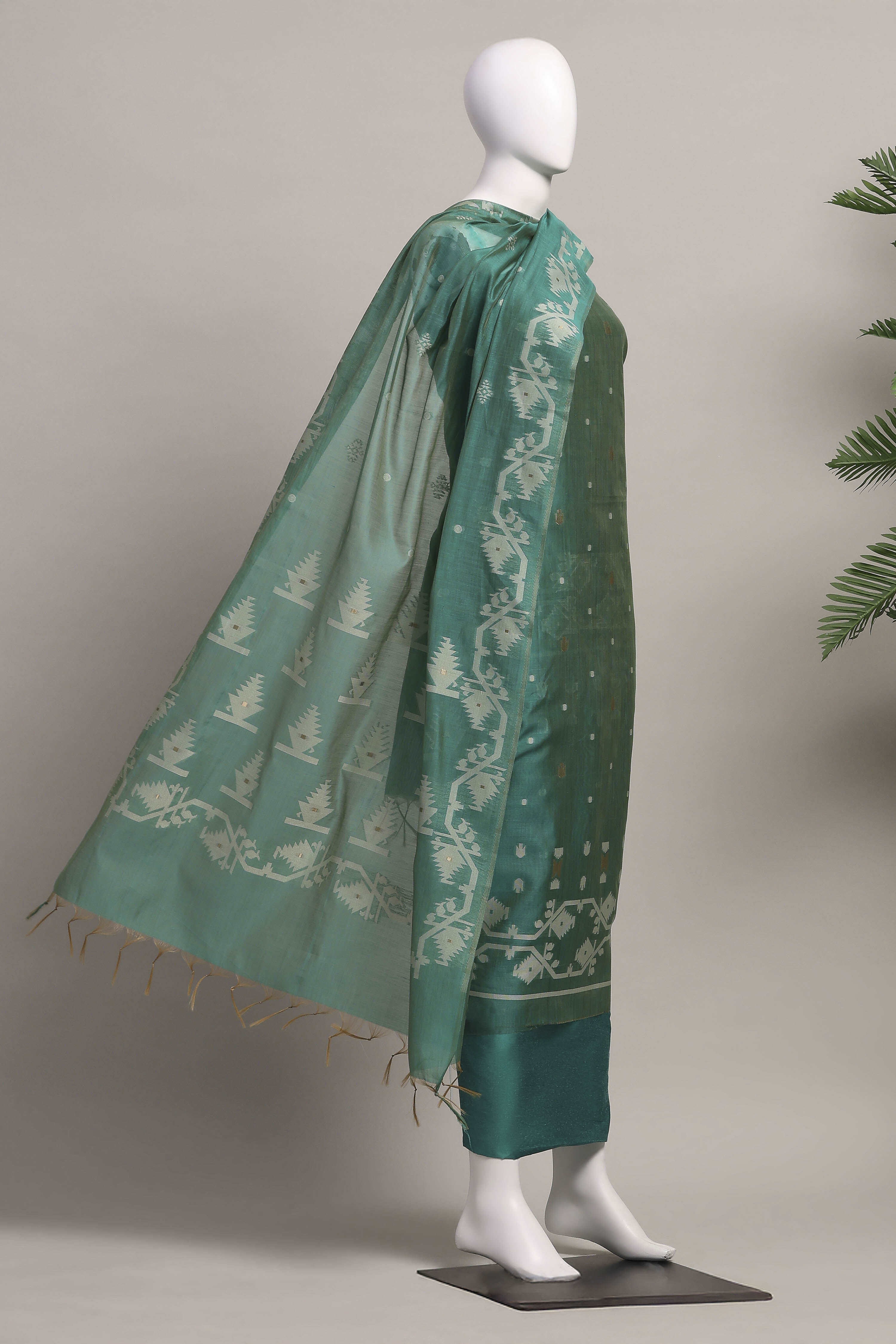 Bottle Green Cotton Jamdani Unstitched Suit Set image number 4