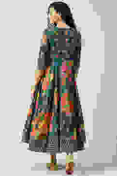 Teal Cotton Flared Fusion Printed Dress image number 4