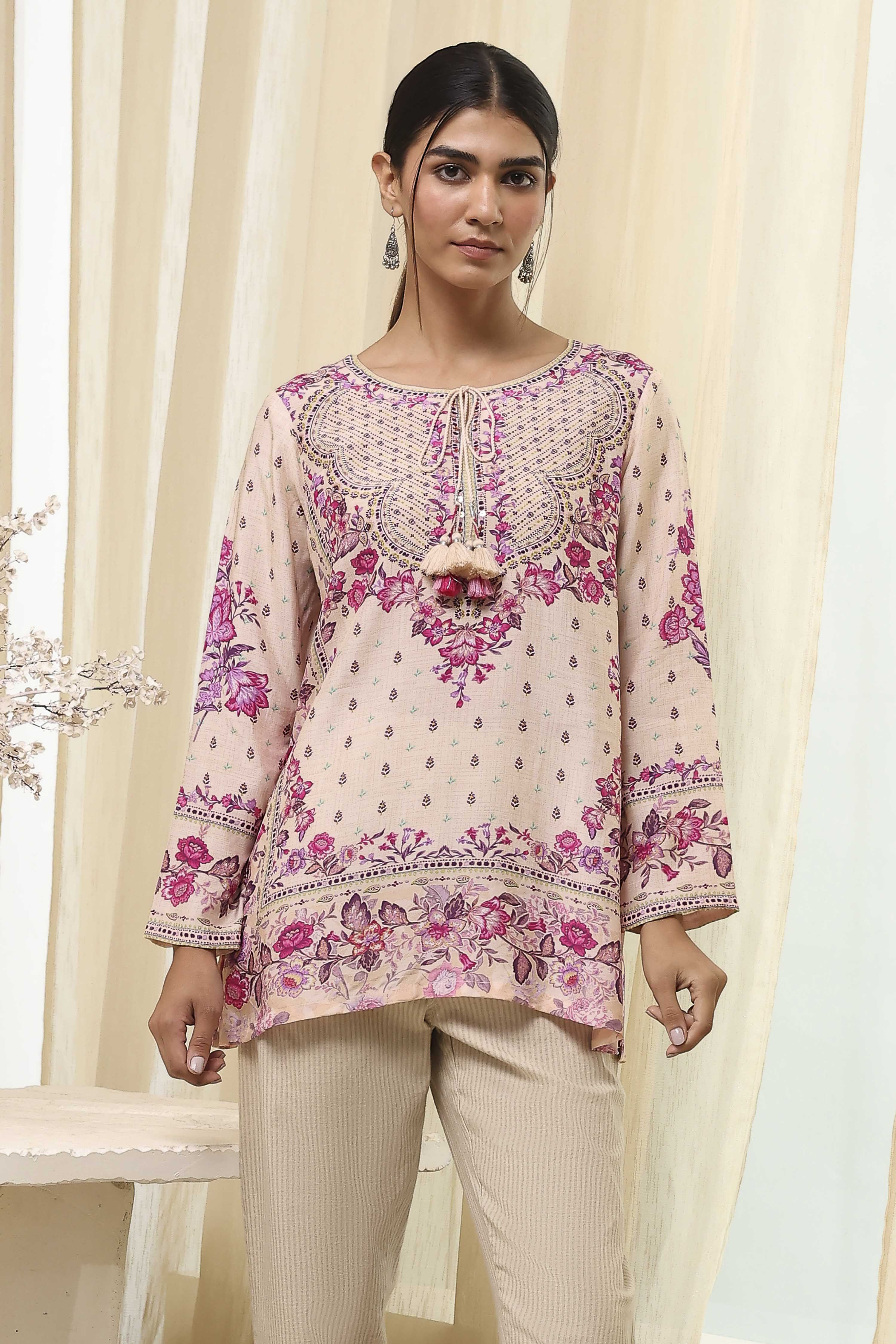 Off-White and Pink Modal Blend Straight Short Kurta image number 4