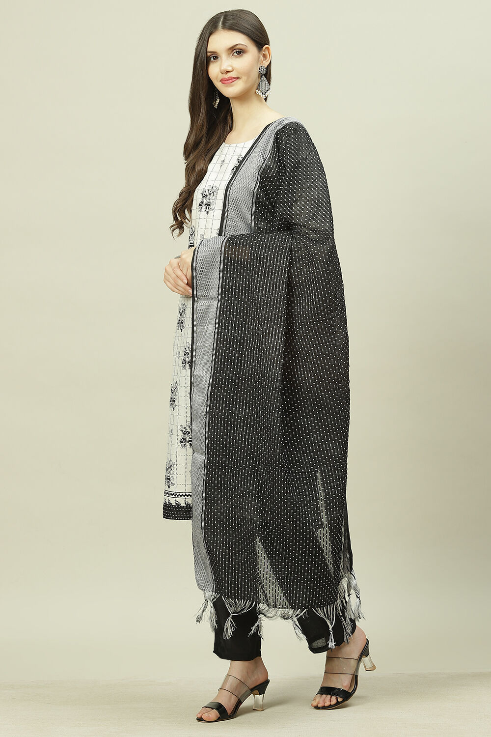 White Cotton Machine Embroidered Unstitched Suit Set image number 5