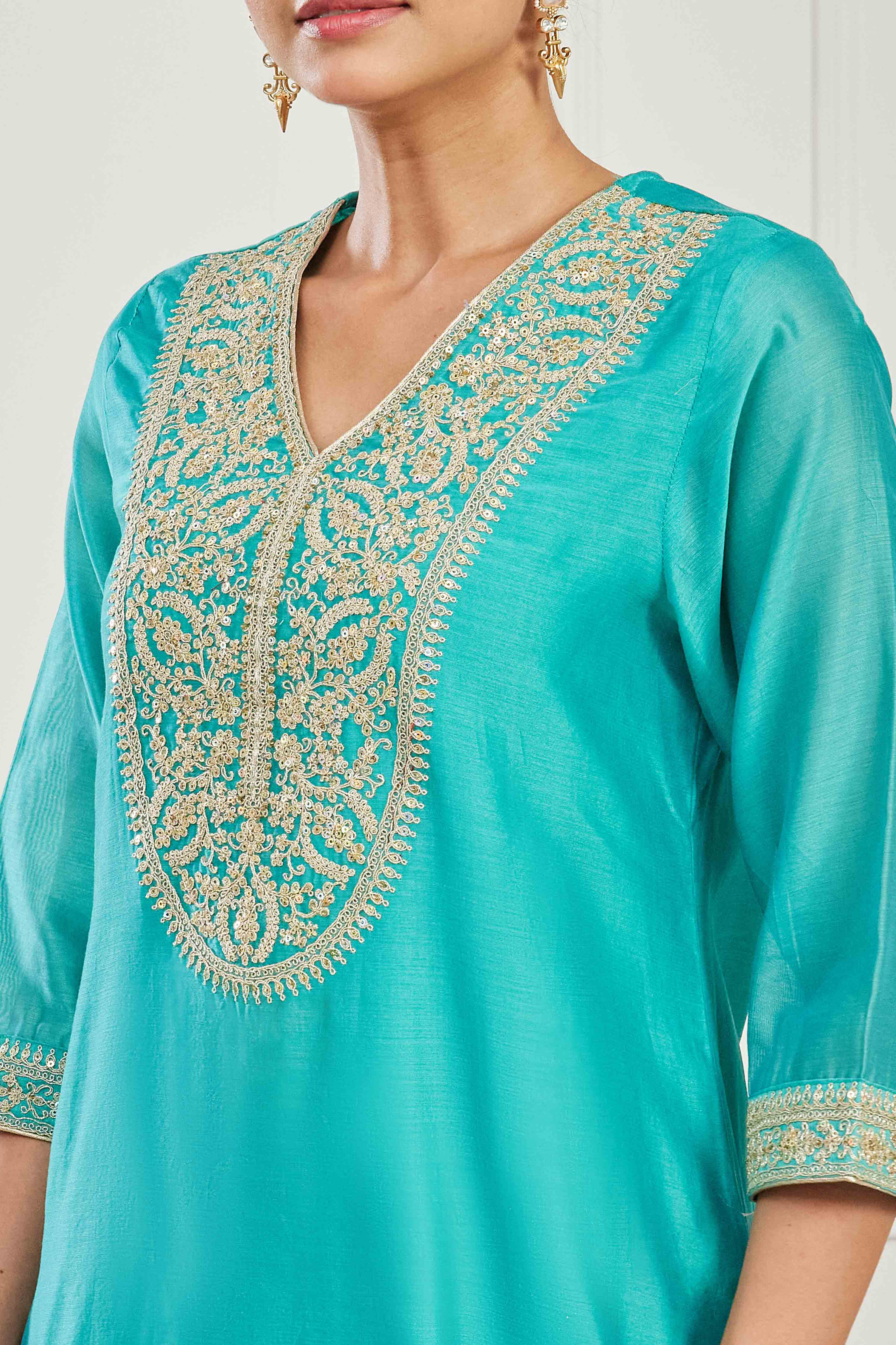 Turquoise Cotton Silk Printed Straight Kurta Set image number 1