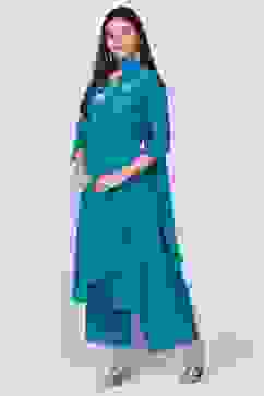 Blue Straight Kurta Palazzo Suit Set image number 3