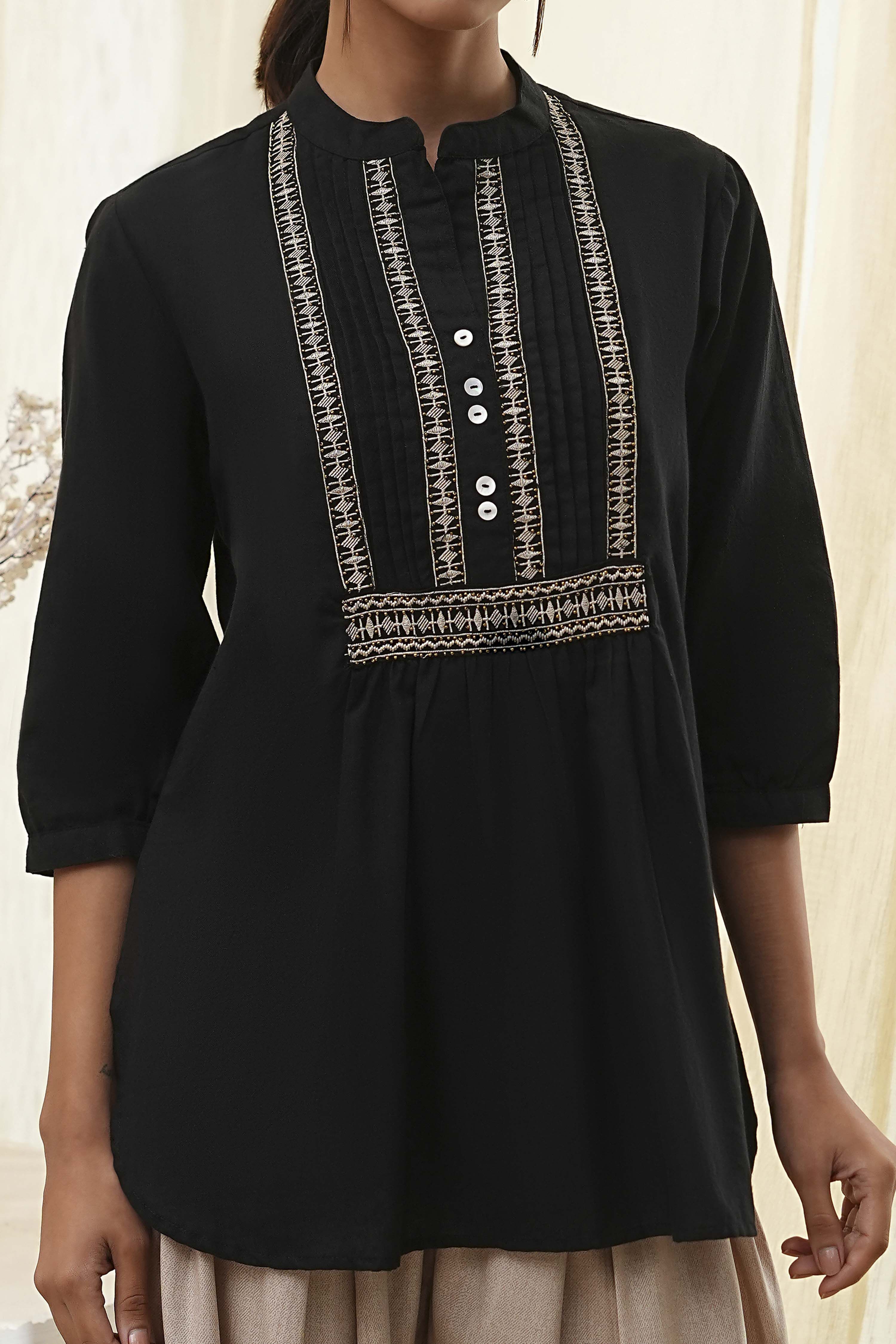 Black Cotton Yarn-Dyed Short Straight Kurta image number 1