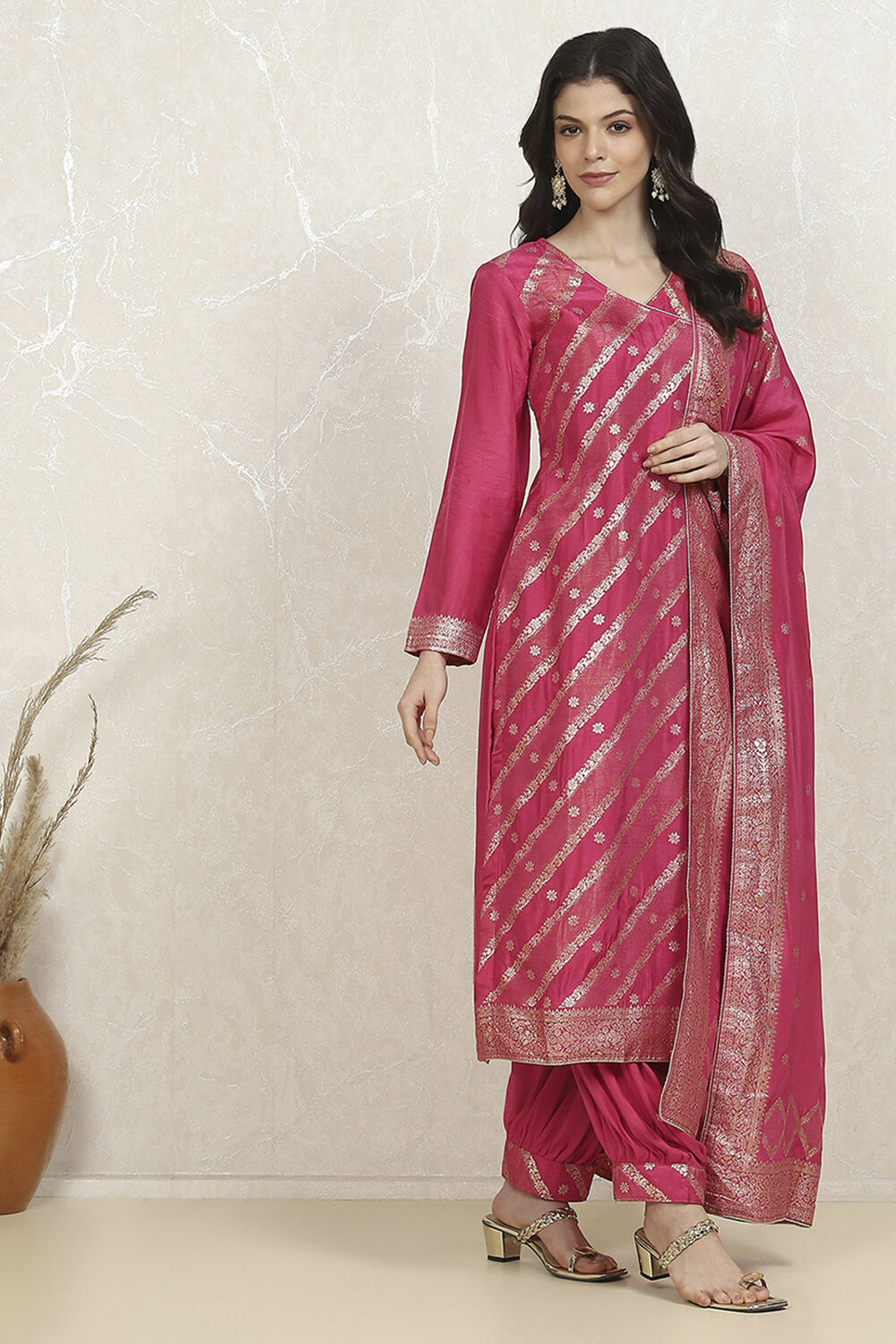 Pink Cotton Printed Embroidered Unstitched Suit Set image number 6