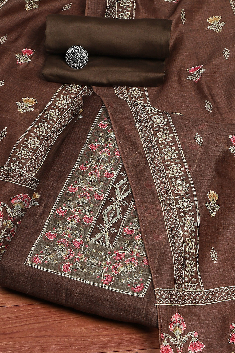 Coffee Brown Chanderi Katha Work Unstitched Suit Set image number 0