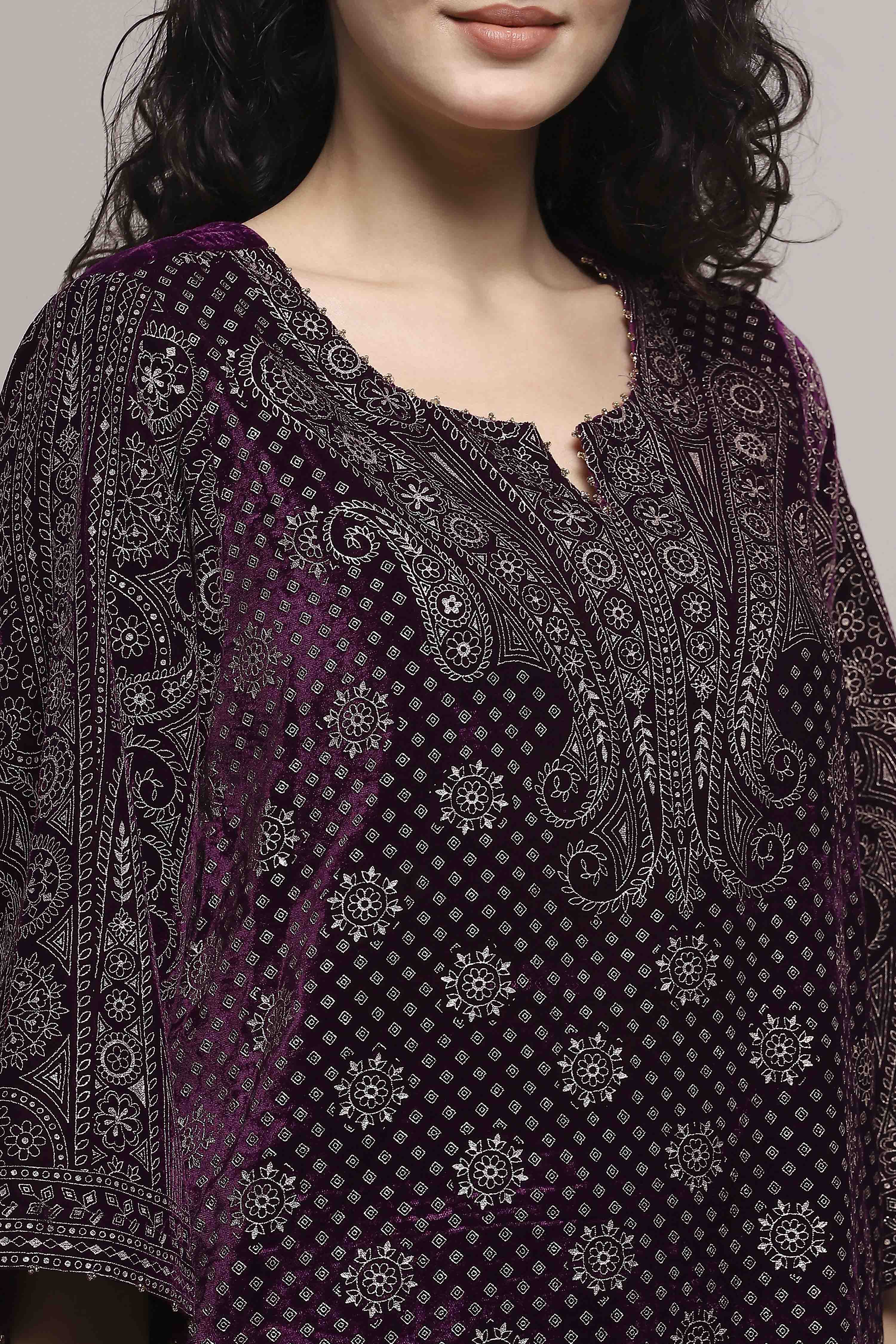 Purple Velvet Straight Winter Kurta Set image number 1