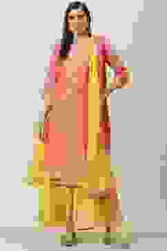 Pink & Yellow Printed Layered Kurta Palazzo Suit Set image number 0