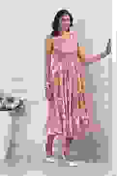 Pink Floral Printed Kalidar Flared Dress image number 4