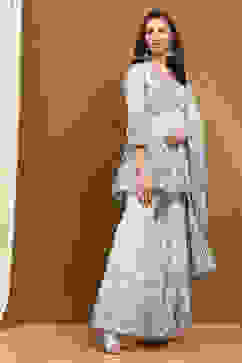 Aqua Blue Cotton Floral Printed Peplum Flared Suit Set image number 5