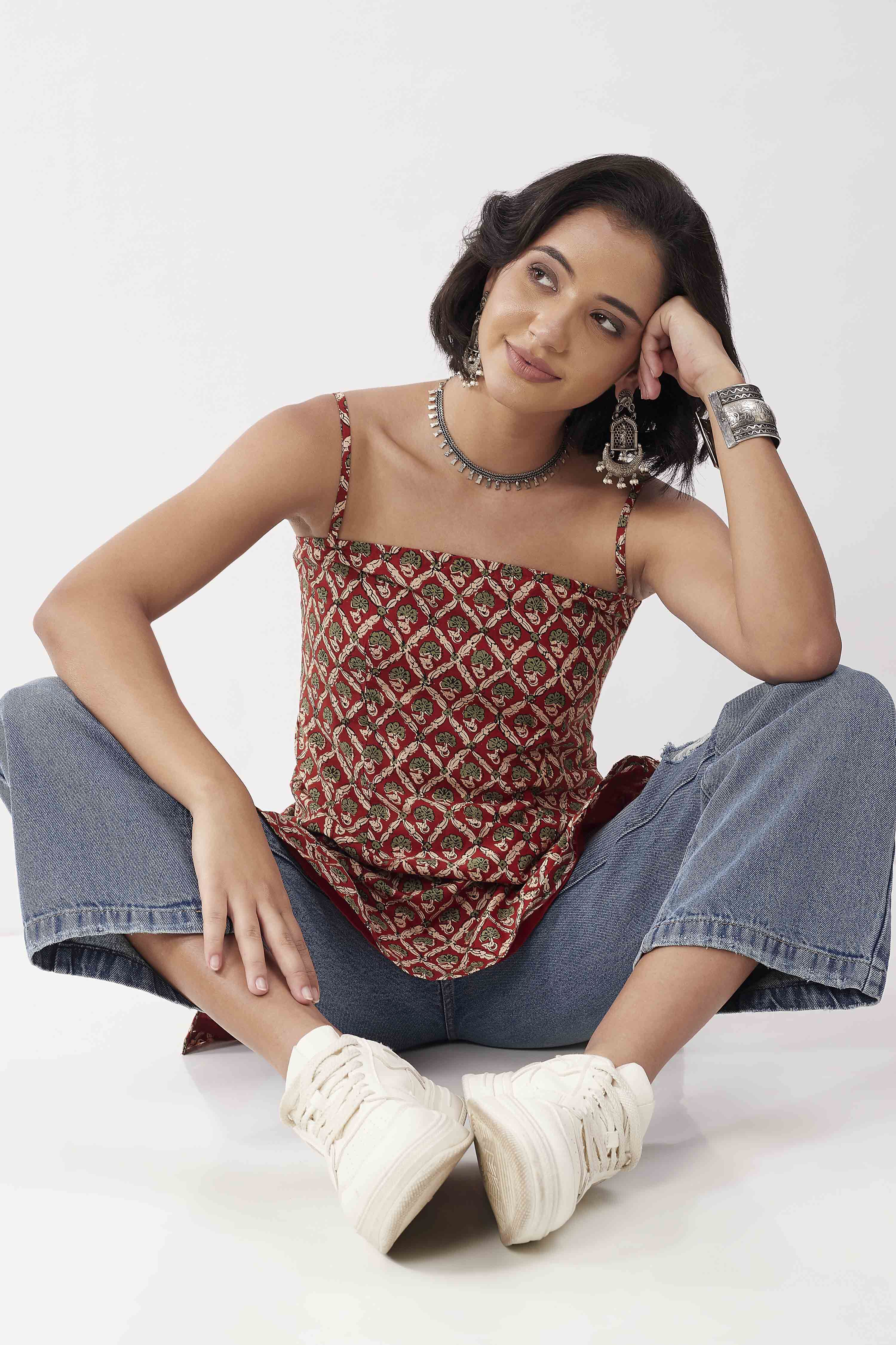 Rust Cotton Floral Printed Lace-Up Kurti image number 6