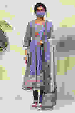 White And Blue Cotton Anarkali Kurta Churidar Suit Set image number 8