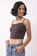 Black & Blue Cotton Floral Tie-Up Back Crop Top image number 2
