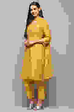 Mango Yellow Voile Narrow Kurta Pant Suit Set image number 4