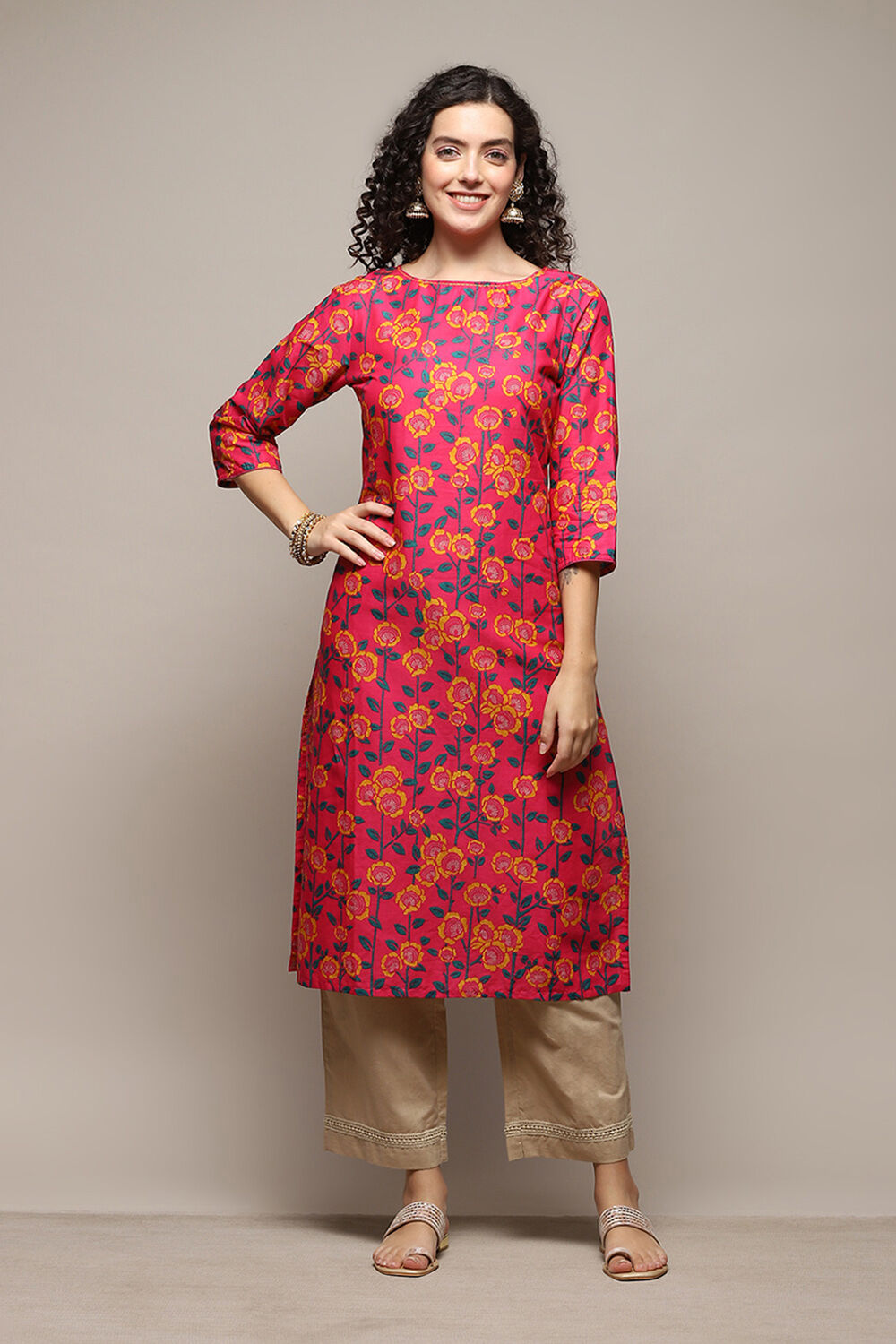Fuchsia Cotton Straight Printed Kurta image number 5