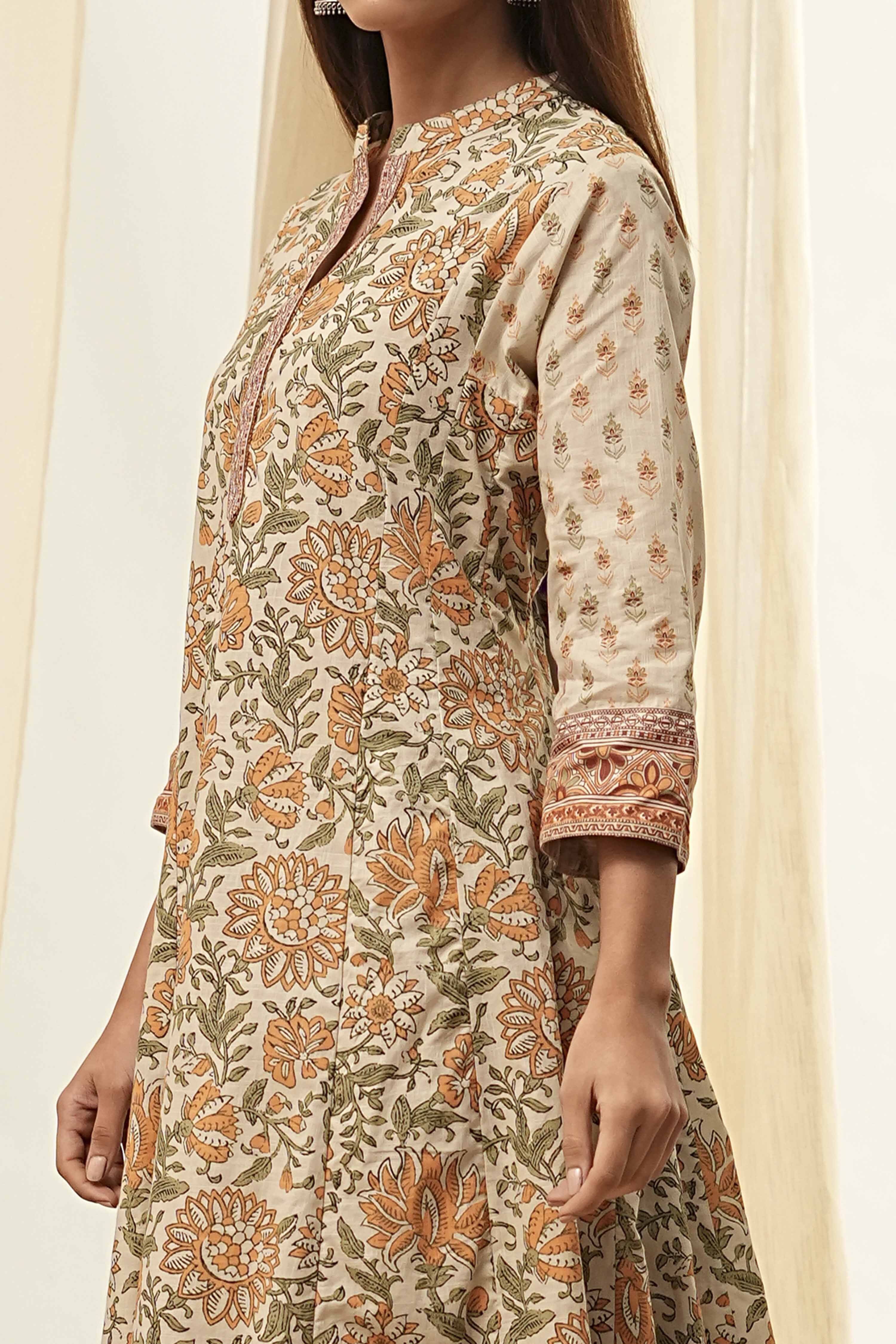 Beige Pure Cotton Floral Kalidar Kurta Set image number 1