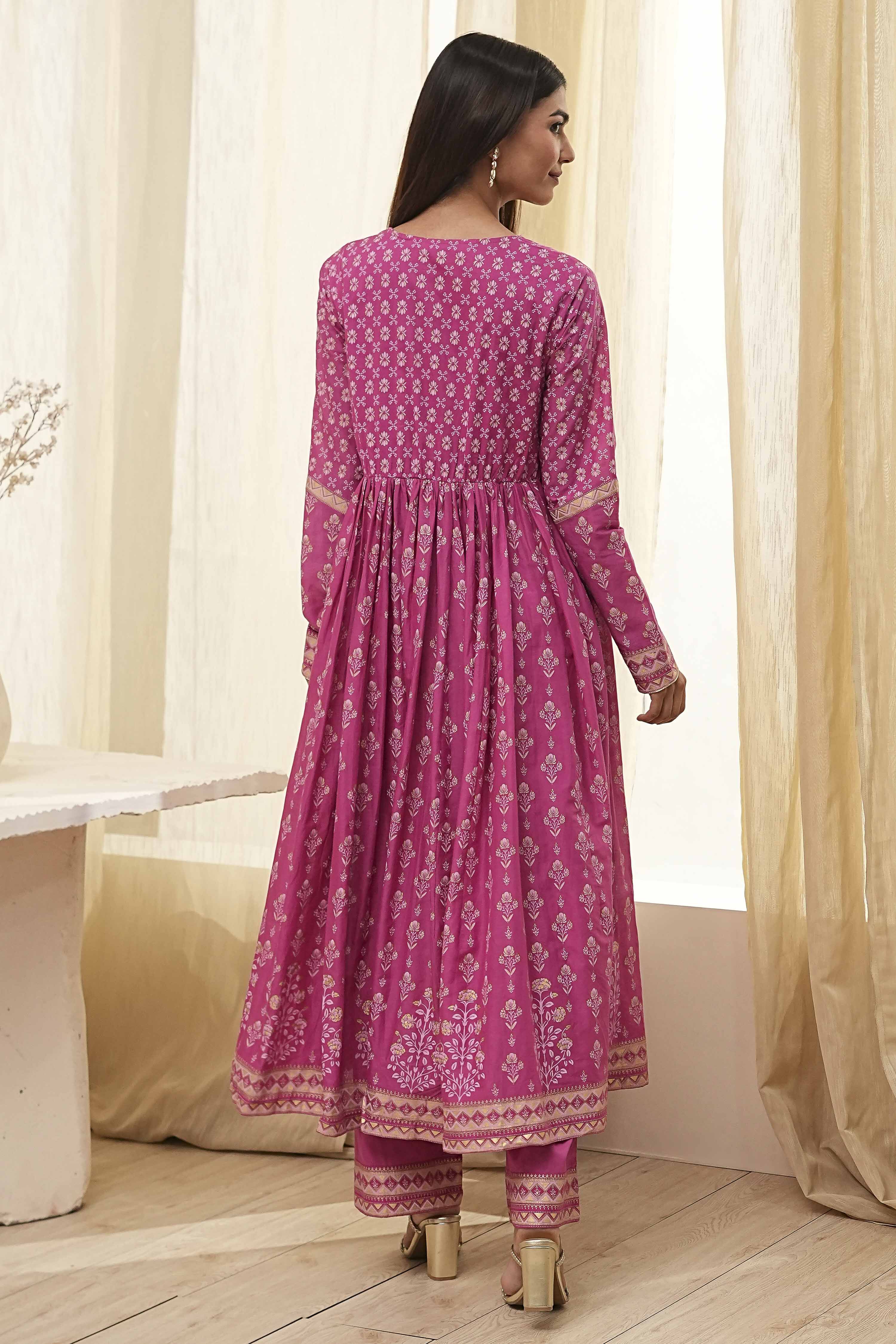Onion Pink Cotton Printed Anarkali Suit Set image number 3