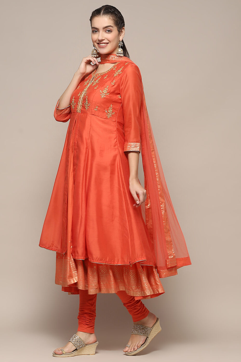 Coral Poly Chanderi Anarkali Kurta Churidar Suit Set image number 4