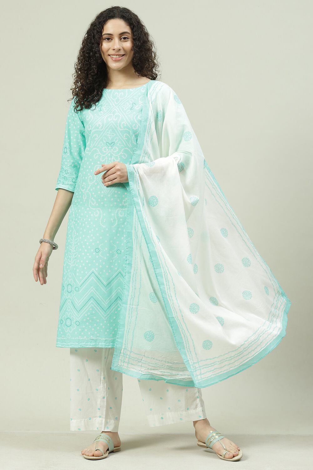 Aqua Blue and White Cotton Straight Suit Set image number 0