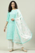 Aqua Blue and White Cotton Straight Suit Set image number 0