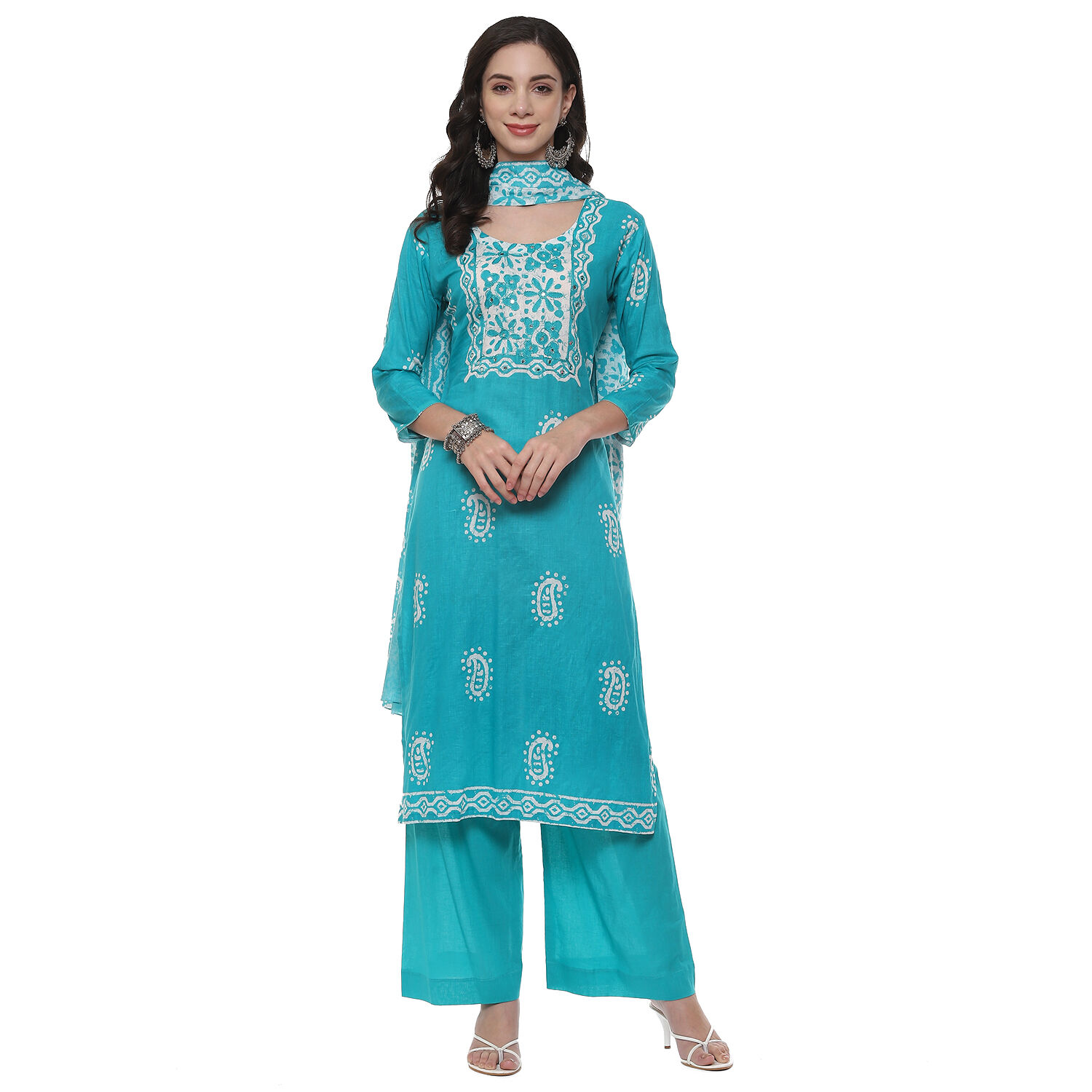 Blue Cotton Blend Unstitched Suit Set image number 1