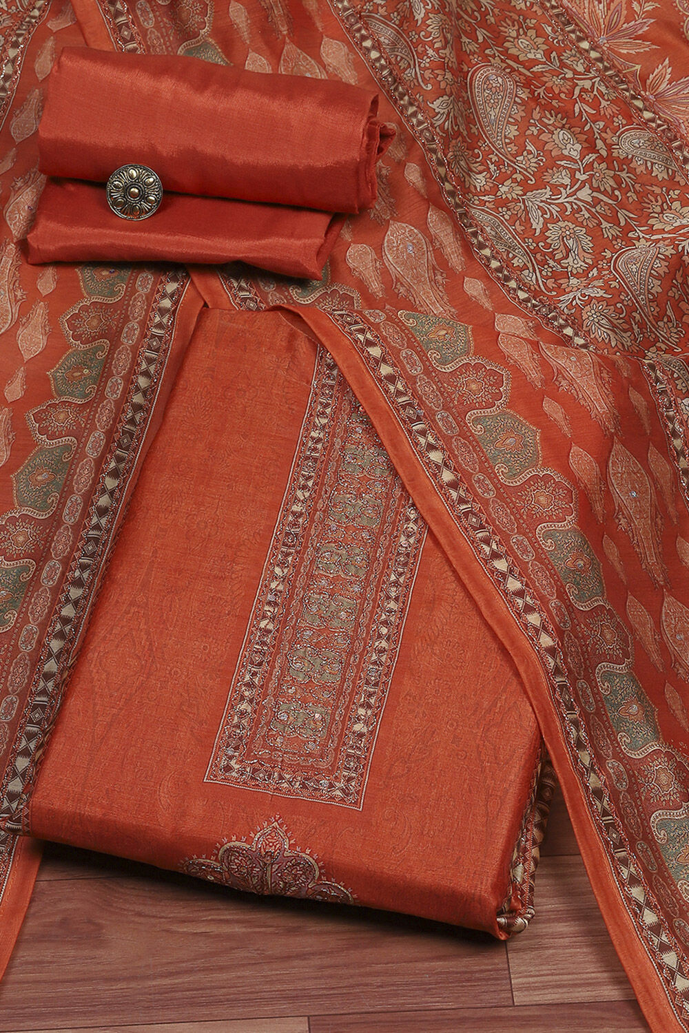 Rust Chanderi Unstitched Suit Set image number 0