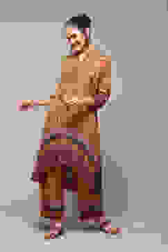 Yellow Polyester Asymmetric Kurta Palazzo Suit Set image number 0