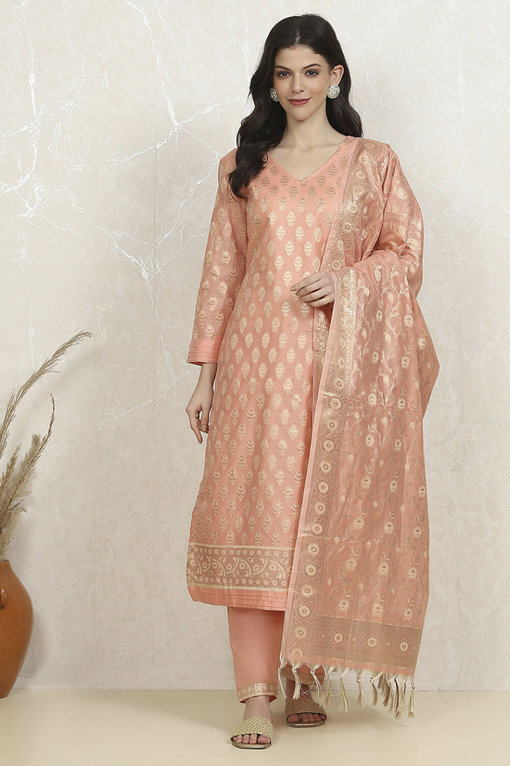 Peach Cotton Printed Embroidered Unstitched Suit Set image number 7