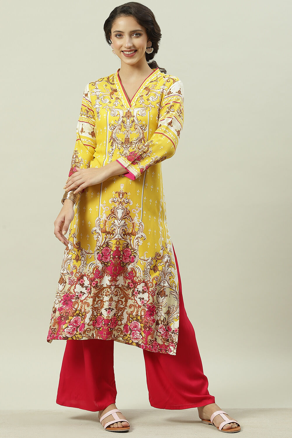 Peach Rayon Straight Printed Kurta image number 0