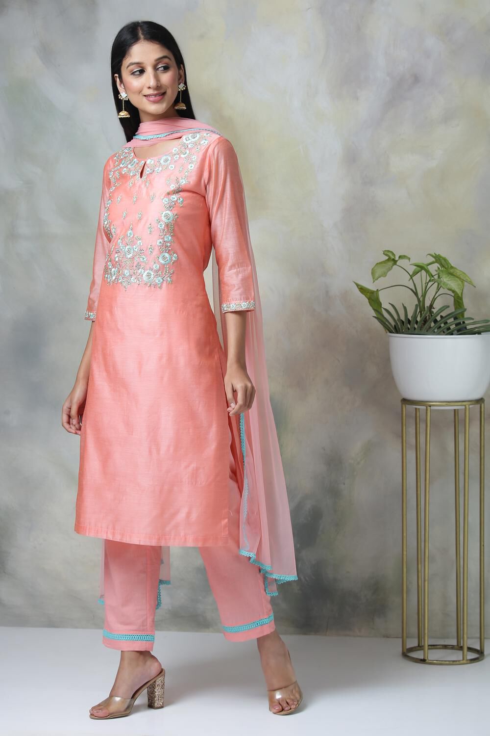 Peach Cotton Blend A-Line Kurta Pants Suit Set image number 6
