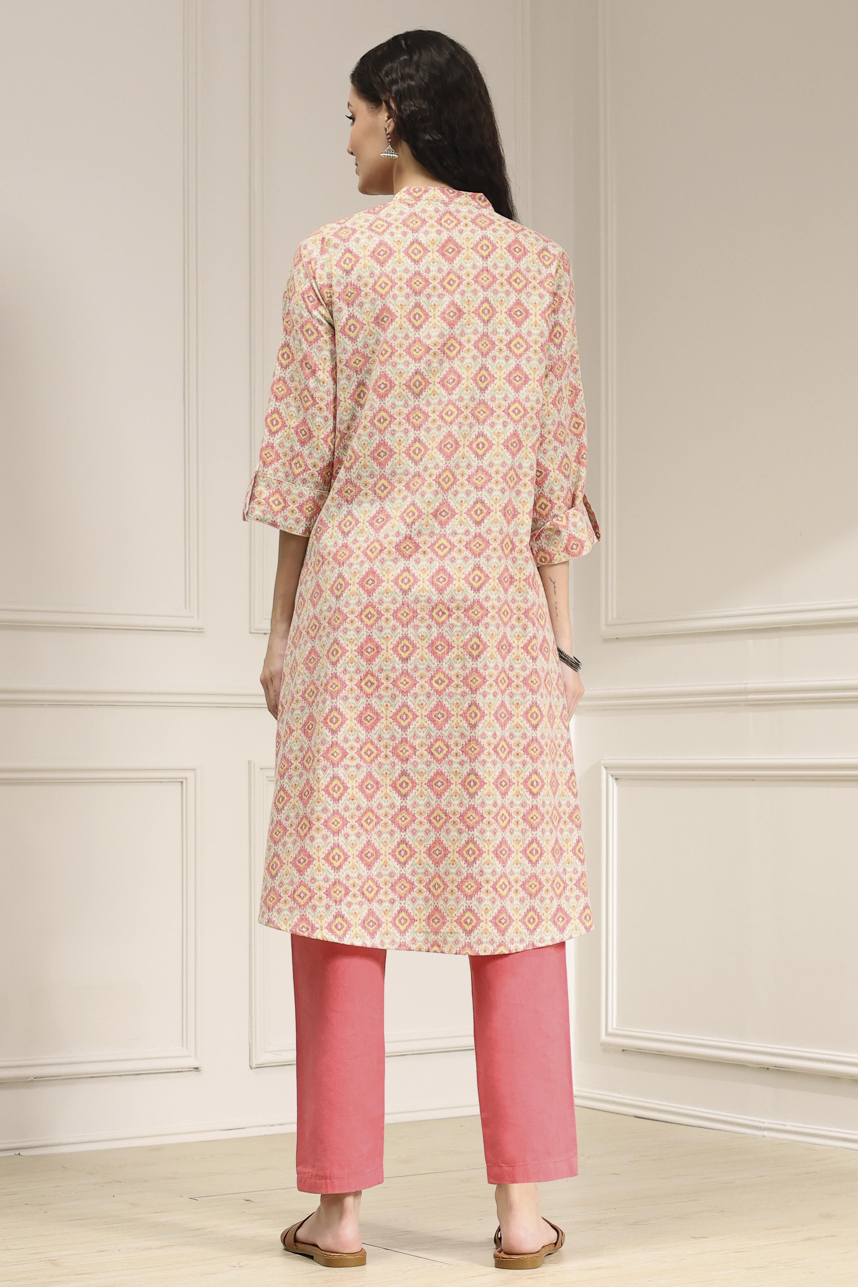 Blue Cotton Printed A-Line Kurta image number 3
