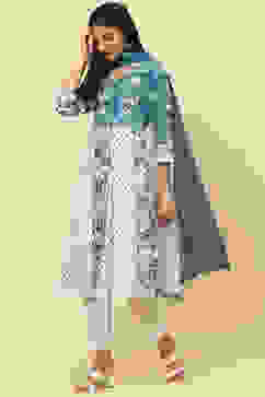 Blue White Cotton Flared Kurta Slim Pant Suit Set image number 5