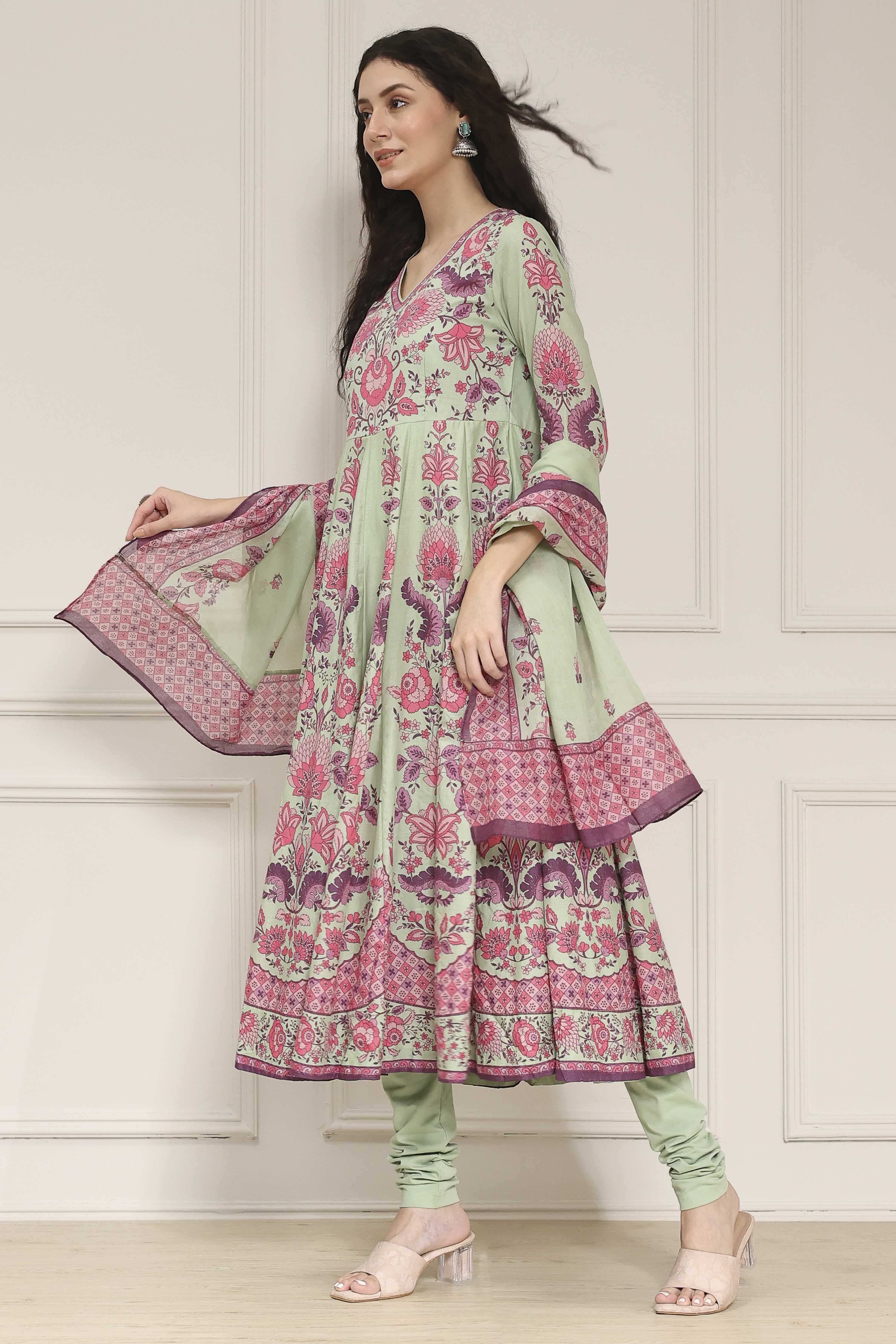 Light Pink Cotton Printed Anarkali Suit Set image number 3