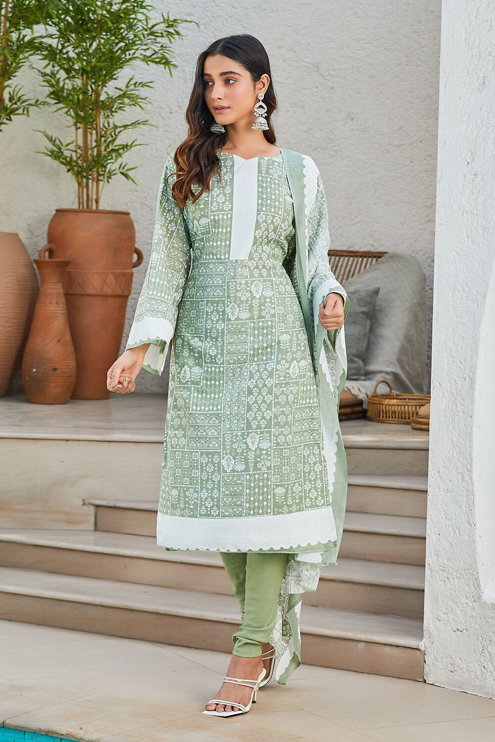 Green Cotton Blend Digital Print Unstitched Suit Set  image number 3