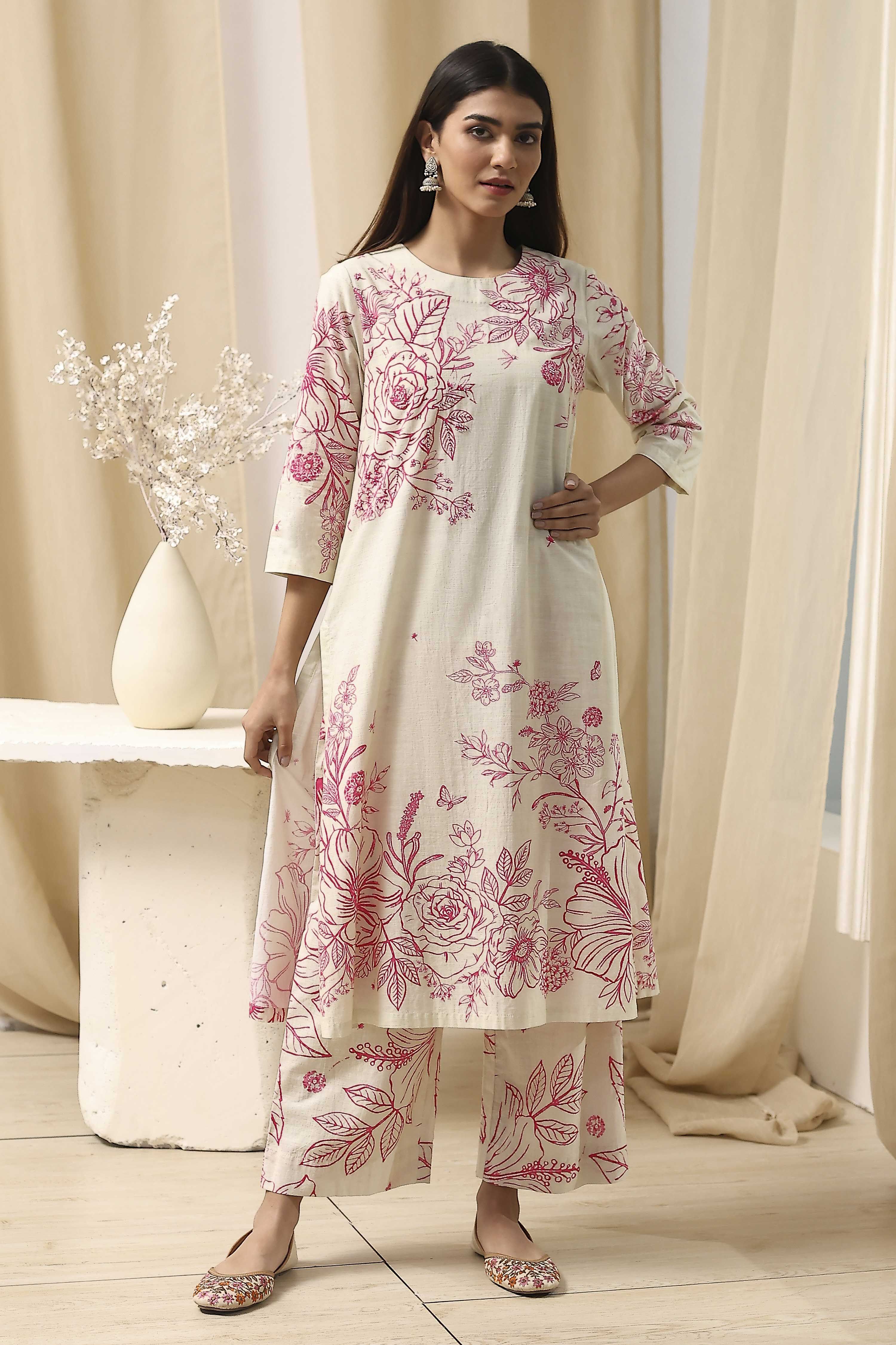 Off-White and Pink Cotton Straight Suit Set image number 6