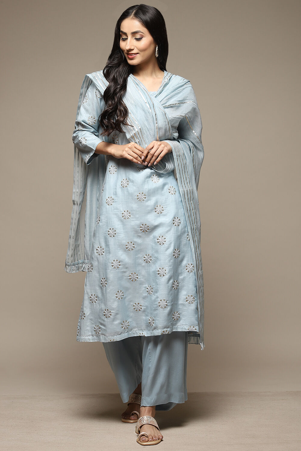 Powder Pink Cotton Blend Straight Kurta Palazzo Suit Set image number 5