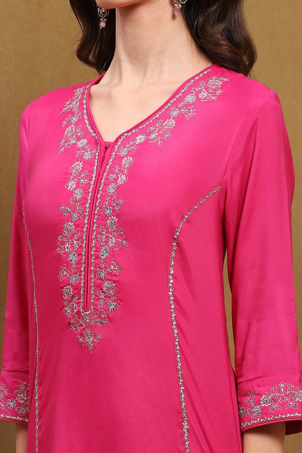 Fuchsia Modal Embroidered Festive Kalidar Suit Set image number 1