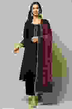 Black Cotton Straight Kurta Pants Suit Set image number 7