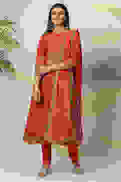 Red Art Silk Double Layered  Kurta Churidar Suit Set image number 0