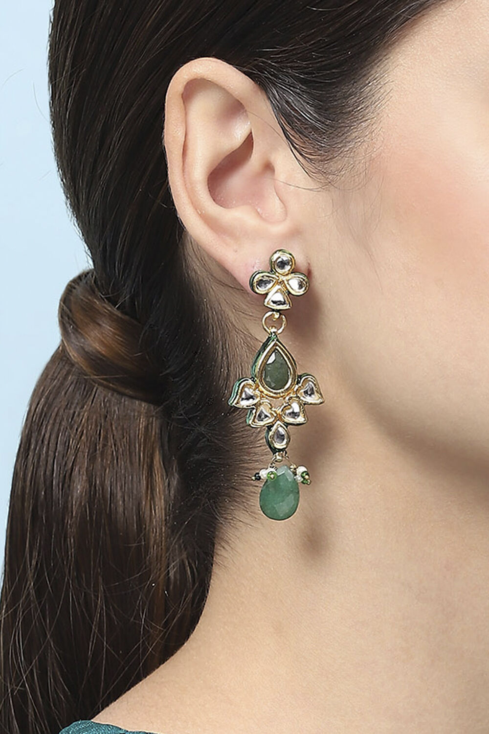 Green Kundan Festive Drop & Danglers image number 3