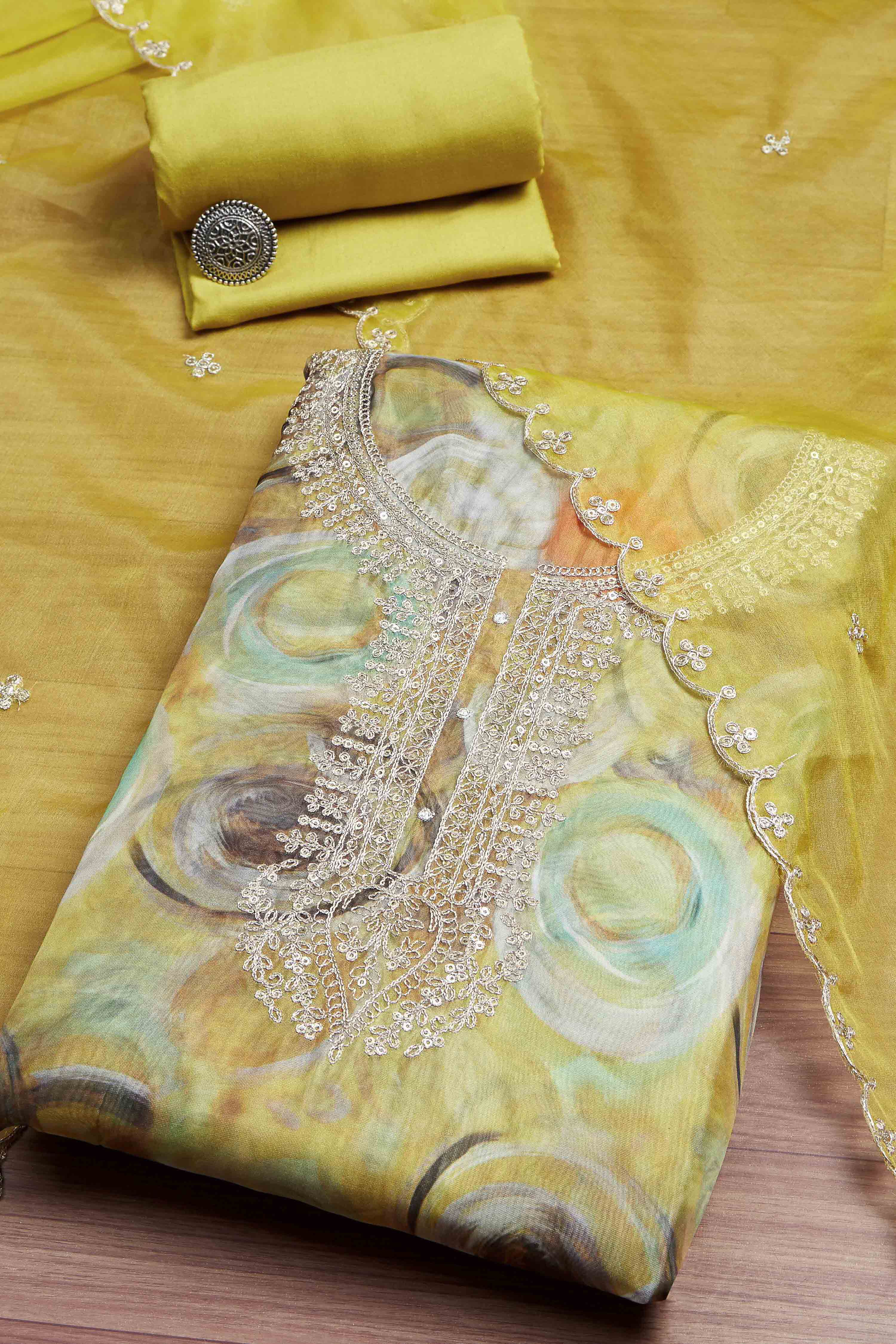 Green Organza Rajasthani Print Unstitched Suit Set image number 0