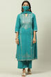 Mustard Printed Cotton Straight Kurta Palazzo Suit Set image number 0